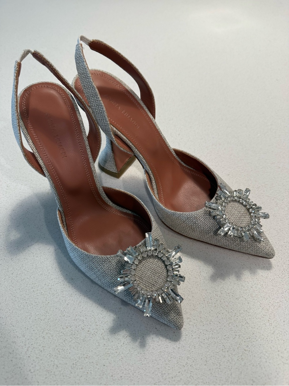 Amina Muaddi Silver Crystal-Embellished Slingback Pumps